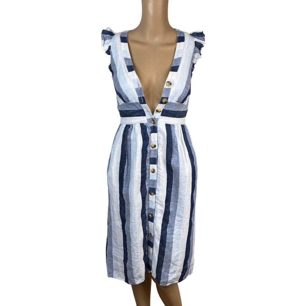 J. Crew Point Sur Linen Striped A-line Dress SZ 00P Blue White Spring Summer - Picture 5 of 10